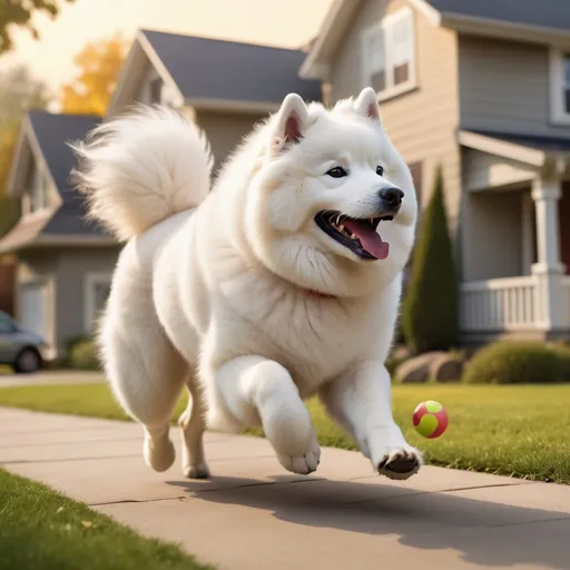 Prompt: Draw in profile, an adult Samoyed dog, with a ball stuck in her mouth, running with a ball in her mouth, very happy, in front of the house, with lots of details, inspired by Disney, Pixar and Dreamworks.