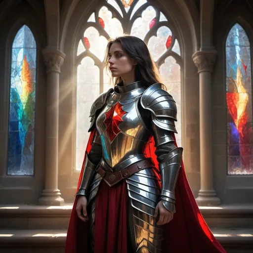 Prompt: In the heart of an ancient cathedral, a beautiful female knight kneels in solemn prayer, her head bowed, her long dark hair flowing down the back of her armour. Sunlight streams through the stained glass windows, casting a divine glow on the polished armor. The knight, draped in a red cape with no helmut, prepares for a quest that will test her courage and faith. What sacred mission awaits this noble warrior?
, Broken Glass effect, no background, stunning, something that even doesn't exist, mythical being, energy, molecular, textures, iridescent and luminescent scales, breathtaking beauty, pure perfection, divine presence, unforgettable, impressive, breathtaking beauty, Volumetric light, auras, rays, vivid colors reflects, Broken Glass effect, no background, stunning, something that even doesn't exist, mythical being, energy, molecular, textures, iridescent and luminescent scales, breathtaking beauty, pure perfection, divine presence, unforgettable, impressive, breathtaking beauty, Volumetric light, auras, rays, vivid colors reflects