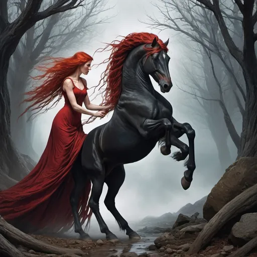 Prompt: The entity, similar to a fairy, lives in rocky mountains, by riverbanks, desolate places, and stables. It has backward feet, takes on the form of a witch, with tangled and matted red hair, typically wearing a long red dress, and is depicted braiding a majestic, frightening, strong and huge black horse's tail.