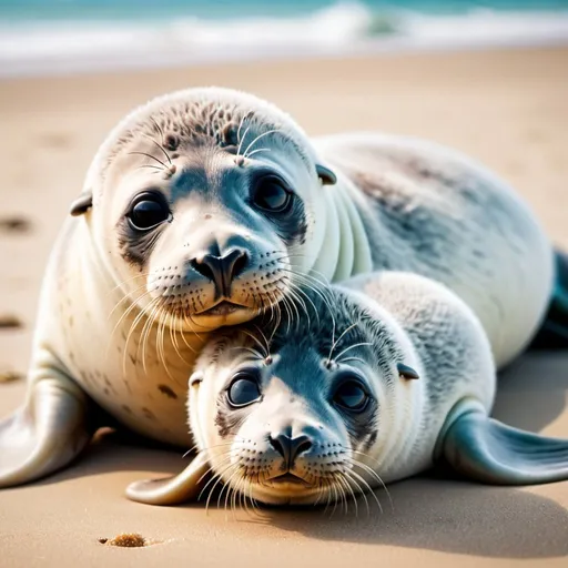 Prompt: Create an image of a cute and cuddly baby seal pup lying on a beach with its mother nearby. Like studio photography and close up 