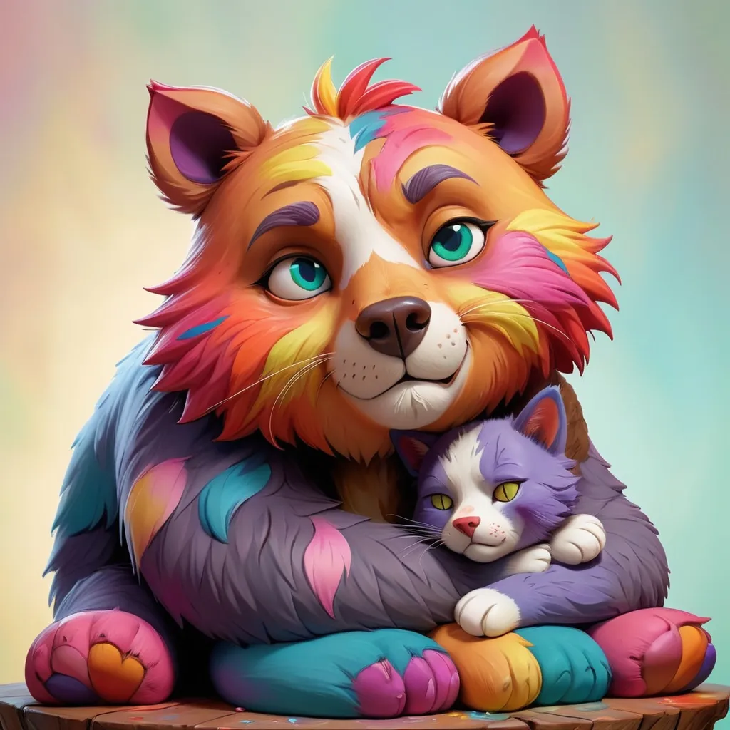 Prompt: A house cat cuddling on top of a bear in a colourful and semi-realistic painted style