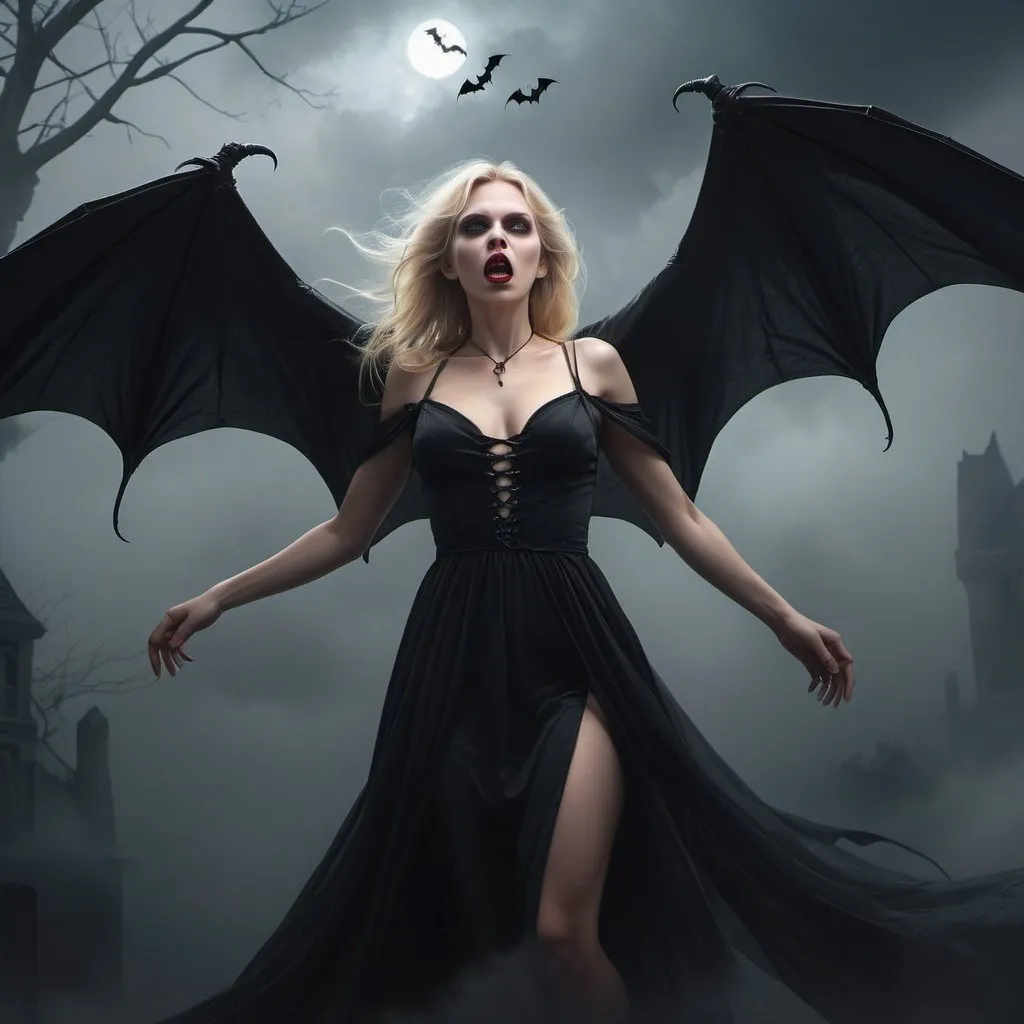 Prompt: full body evil blonde vampire woman entangled in a dark mist spiral, attractive evil vampire woman with bat wings entangled in a dark mist spiral, beautiful evil face, fully clothed wearing black dress, floating in the sky, fantasy, high detail, realistic photo, high detail, digital painting, cinematic, stunning, hyper-realistic, sharp focus, high resolution 8k, insanely detailed