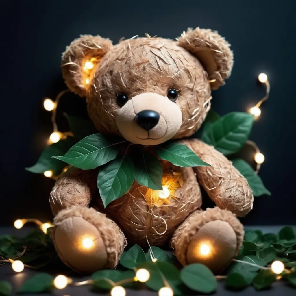 Prompt: A cute teddy bear made up of dark green leaves and twinkle lights perfect for profile picture