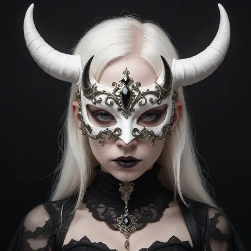 Prompt: 1girl,.albino demon little queen, (long intricate horns), a sister clad in gothic punk attire, face concealed behind a striking masquerade mask,themed,white_aesthetics,photorealistic,Masterpiece,Realistic,dark fantasy