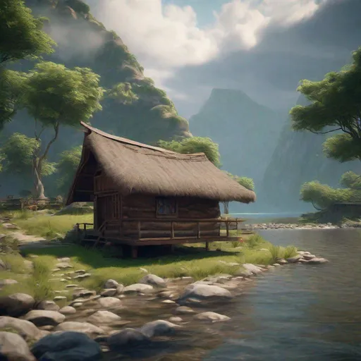 Prompt: (extremely detailed CG unity 8k wallpaper), (((masterpiece))), (((best quality))), ((ultra-detailed)), (best illustration), (best shadow), ((an extremely delicate and beautiful)), dynamic angle, long shot of a hut by the river, large mountains, clouds under passing beautiful trees tops, dusk time, water lilies in the lake blooming, lush plants, moonlight shining through the white clouds, bold colors, hyper