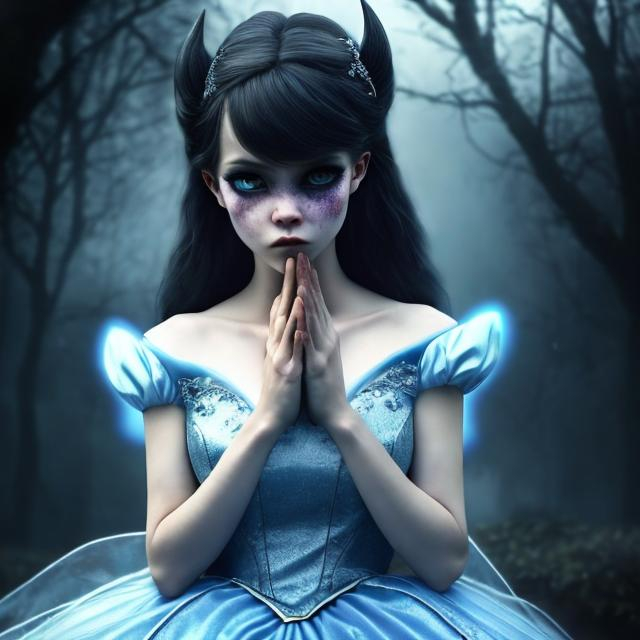 Prompt: color photo of "a modern-day Cinderella with a touch of darkness, featuring deep, haunting eyes and a face filled with sadness. She stands in a contemporary setting, wearing a unique and edgy interpretation of Cinderella's iconic attire. The photo captures her internal struggle, as she embodies both the innocent fairy tale character and a hint of a devilish nature. Her expression tells a story of inner turmoil, reflecting the complexities of her modern journey" —c 10 —ar 2:3