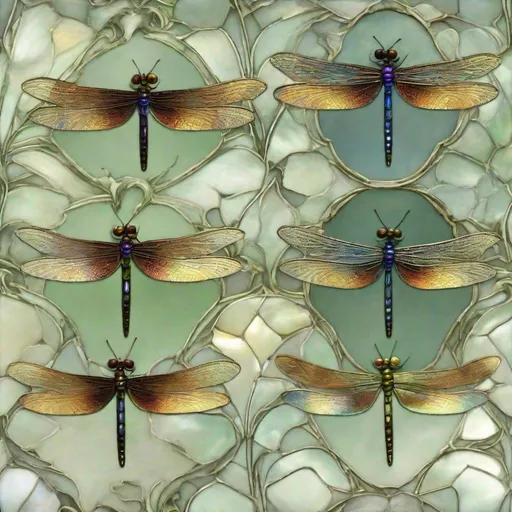 Prompt: Dragonflies with their iridescent mother-of-pearl wings are very often found in Art Nouveau interiors.