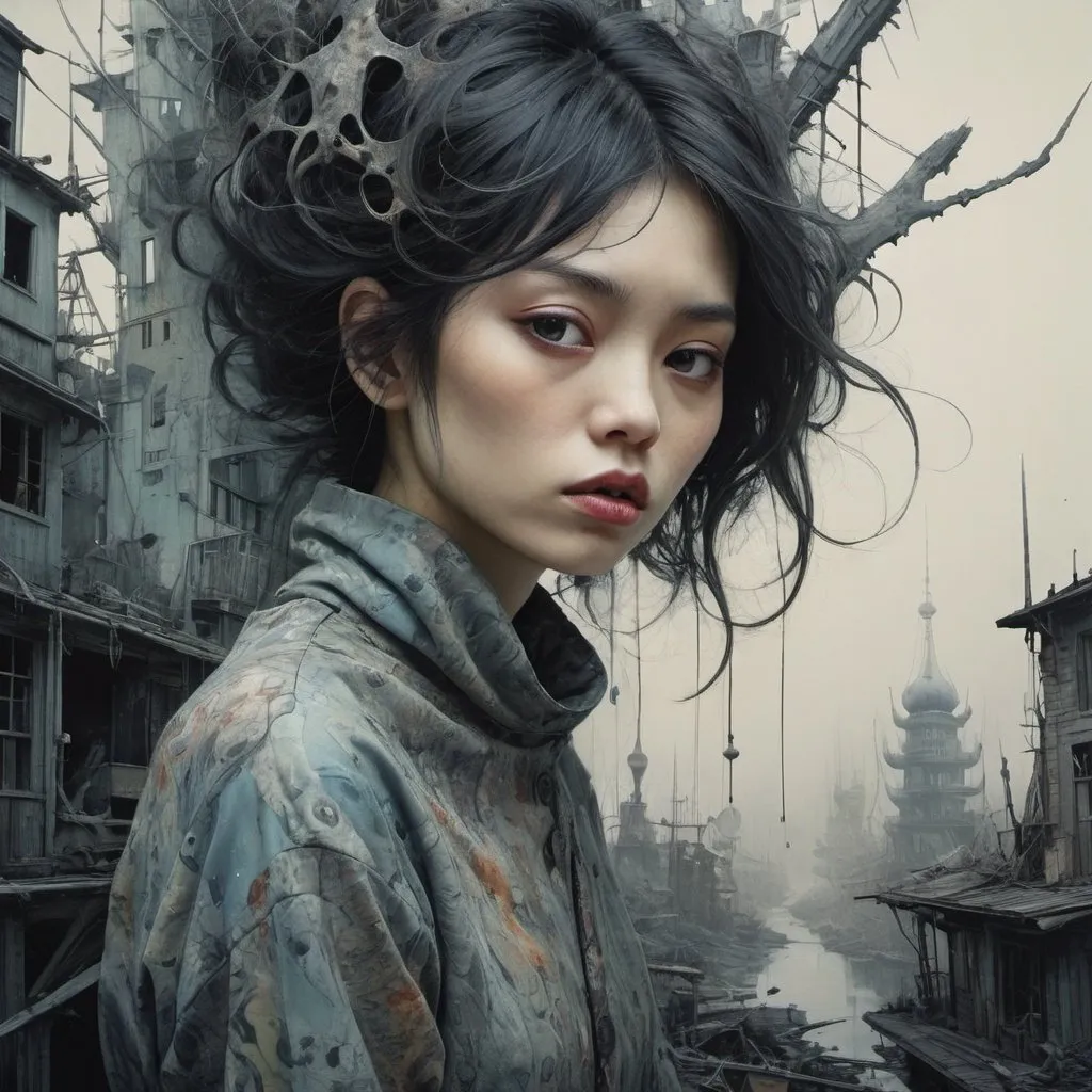 Prompt: Moa Kikuchi by Yves tanguy,   dark art by by Jean Baptiste Monge, Alberto Seveso, Jeremy Mann; 64k,  Nikon 15mm f/1.8G, by Lee Jeffries, Alessio Albi, Adrian Kuipers" by pascal blanche inspired by the art of Petr Yushchenko , hdr by Hope Gangloff maximalist mannerism, surrealism", by Daniel Merriam, Nikolina Petolas, Peter Gric, Dariusz Klimczak, surreal hallucinatory intricately detailed sharp focus"