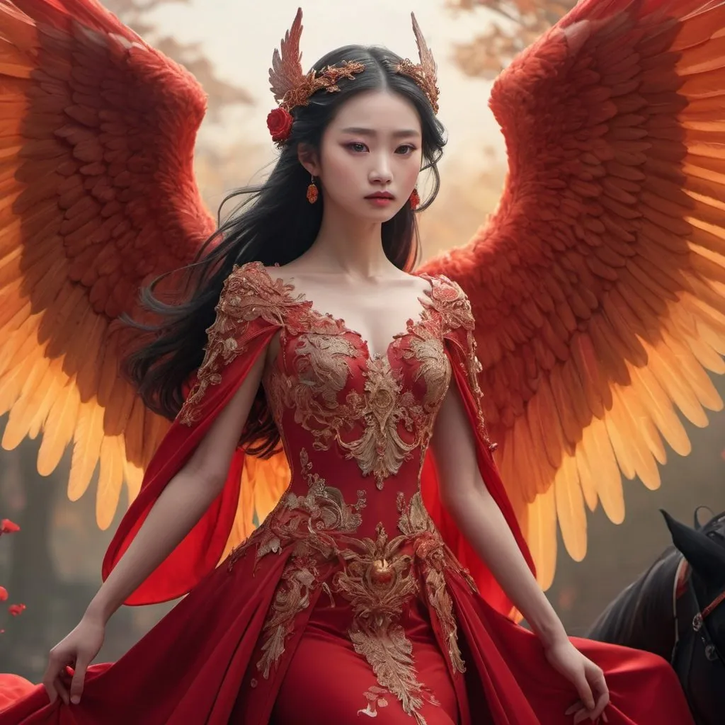 Prompt: An angel, depicted with the innocent innocence of a little demon, adorns stunning, intricate wings and a captivating scarlet gown, mounts a horse with a charming visage, the creature is named Jingyi, all these elements arranged in a digital render that vividly illustrates a regal and magical atmosphere, juxtaposition, bewitchingly surreal, illuminated by the prismatic hues of a setting sun, high quality, ultra
