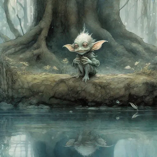 Prompt: Curious young water goblin hiding in the forest pond watching falling snow artwork by Tony DiTerlizzi, karol bak, yoshitaka amano, watercolor and pen illustration,  by Quentin Matsys   by Francis Bacon fog multicolor. , Hannah Yata, , by **Andy Kehoe** by Gustave Doréfantasy art 4K 64 megapixels 8K resolution HDR; volumetric lighting", Nikolina Petolas, Peter Gric, Dariusz Klimczak, surreal hallucinatory intricately detailed sharp focus"