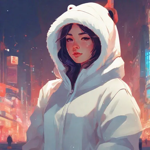 Prompt: beautiful anime girl in a polar bear onesie, highly detailed, vibrant, james gilleard, liam brazier, Tristan Eaton, elegant, highly detailed, centered, artstation