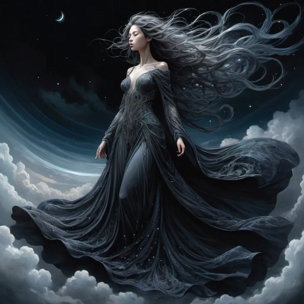 Prompt: painting of a spirit of darkness, descending from the sky, intricate long flowing gown, hyperdetailed by yoshitaka amano and Ekaterina Savic, fantasy art, celestial, ethereal, digital illustration, volumetric lighting