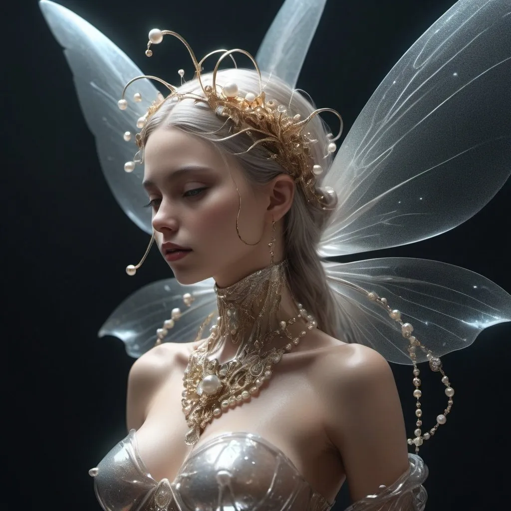 Prompt: fairy, glitter and glimmer Transparent clothes, pearls, jewelry Accessories, shiny, glow, epic, eternal , perfect composition, beautiful detailed intricate insanely detailed octane render trending on artstation, 8 k artistic photography, photorealistic concept art, soft natural volumetric cinematic perfect light, chiaroscuro, award - winning photograph, masterpiece, oil on canvas, raphael, caravaggio, greg rutkowski, beeple, beksinski, giger