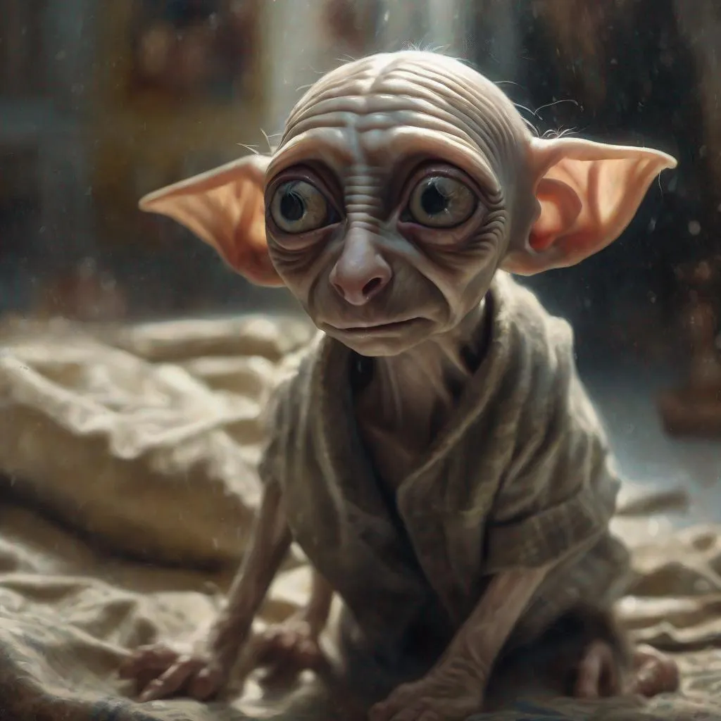 Prompt: the owner gave Dobby a sock, in the style of Alyssa Monks and Glenn Brown style, soft play of light and shadow, masterpiece, a variety of small details in the background, random, hyper detailed, trending on artstation, intricate details, highly detailed, highly detailed, digital painting, perfect result, HDR, illustration, very clear image, evocative, striking, Fluorescent light, Side angle perspective, perfect face, polished, glorious, seraphic, dreamy, astonishing, fabulous, captivating, pretty, mesmeric, elegant, magnificent, sublime, luscious, dreamy, Mysterious