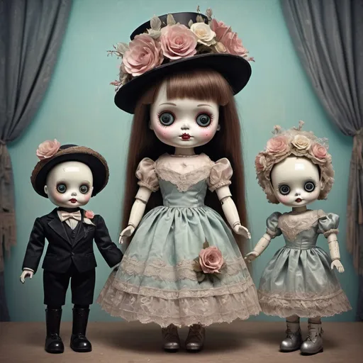 Prompt: wedding ceremony celebrating, Flowers, Ethereal, Dreamlike, cute creepy old doll from horror movies, vintage velvet dress, fancy hat, big reflective eyes, rag dolls, and tin robots, arranged in whimsical ways against pastel backgrounds, with intricate, highly detailed textures that highlight the subtle imperfections and wear and tear of these beloved playthings, Trending on Artstation, by artists like jason seiler, Michael Kutsche, and andrew fairclough.
