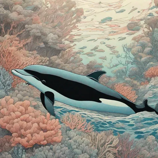 Prompt: realistic pastel colored photograph, corals and a giant dolphin , bold comic book black pen outline, soft pastel colors, closeup, illustrative realism, in the style of pen and ink  , woodblock print by Hokusai  ,by Victo Ngai
