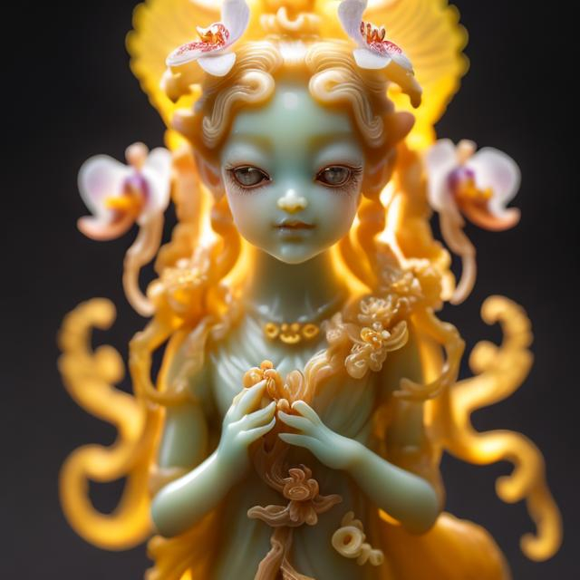 Prompt: Cute Orchid Nymph, Chinese Style Fern with Baroque Elements Imperial Yellow Translucent Jade Figurine, 8K, Masterpiece, High Definition, Super Detailed, Trending on Artstation, Sharp Focus, Intricate Details, High Detail, Ultra High Quality, Cinematic Lighting