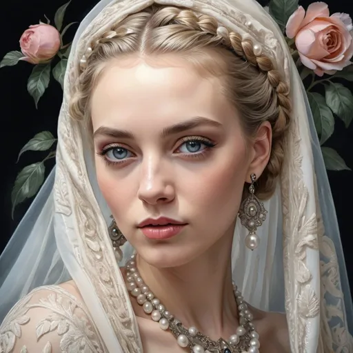 Prompt: aristocratic lady of the 50s, tulle, shawl, watercolor, photo portrait, photorealism, beautiful eyes, blond braids, pearls, chiffon, floral embroidery, dark botanical, digital-art, pixel work, high detail, many details, delicate sensuality, glass and stone , intricate details, bohemian, elegant, aesthetic, lineout, surrealism, realistic, high quality, work of art, hyper-detailed, professional, filigree, haze, super-detailed, hyperrealism, mosaic illustration, HD