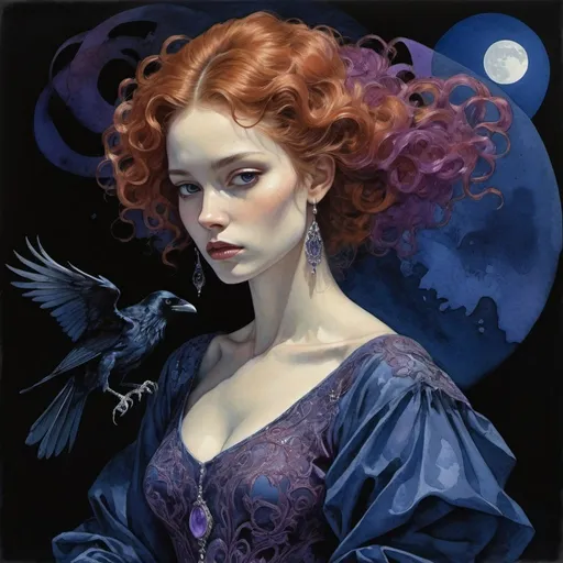 Prompt: (watercolor oil painting, red lighting shadows, Gail Potocki, Sergio Toppi, Leonor Fini, Sidney Sime)) A beautiful young woman with hair the color of spun copper, adorned in a rich blue dress with violet hues, its fabric detailed with intricate silver embroidery that hints at a past life of opulence, now tarnished by loss. She is surrounded by forgotten treasures, the moonlight illuminating her lost dreams. a night black Raven near her shoulder, Maybe, she could mend the broken pieces of her own heart, one stitch at a time.
Modifiers: