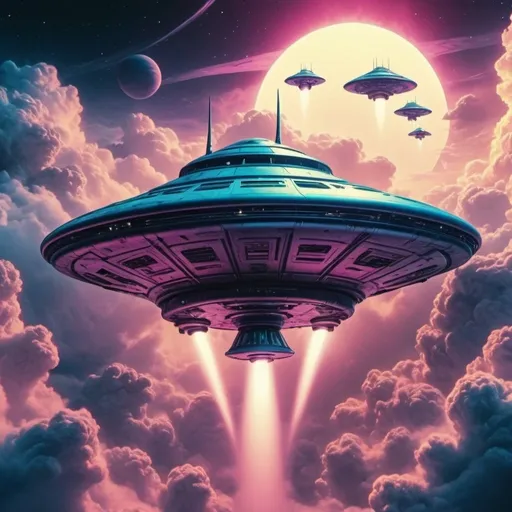 Prompt: 1990s comic book breathtaking alien space ship appear through the clouds in a dim near future, you know this is an alien invasion humanity can’t win vibrant colors, 8k