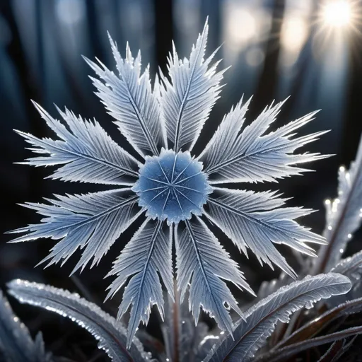 Prompt: Macro lens capturing frost flower, intricate ice patterns mimic petal structures, early morning, delicate interplay of light and shadow, blue and white hues dominate, frost crystals glistening, on a dark, blurred forest backdrop, high resolution, digital render, ultra fine details