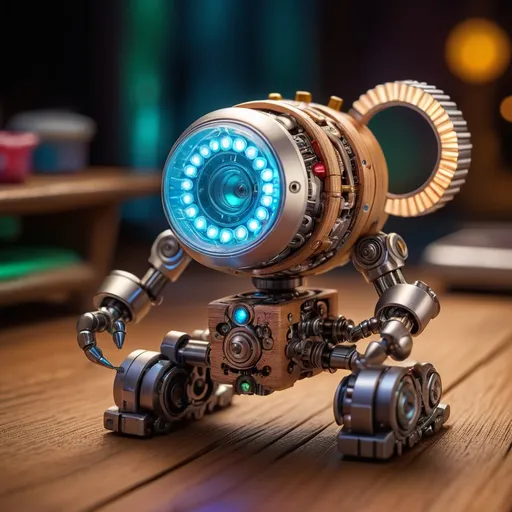 Prompt: Cute leds toy. Mechanical. Intricate on a wood table. Leds., Miki Asai Macro photography, close-up, hyper detailed, trending on artstation, sharp focus, studio photo, intricate details, highly detailed, by greg rutkowski