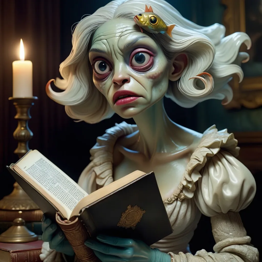 Prompt: photorealism, an anthropomorphic lady fishface hybrid creature holding a bible, extremely realistic, sharp details, shot by Steven Klein and Nan Goldin, intricately detailed background, photorealism, insanely detailed face, perfect pupils, expressive eyes, ambient lighting, intricately detailed location, HD, 8k