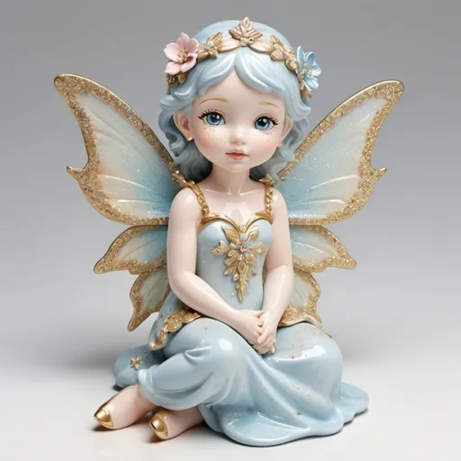 Prompt: Porcelain fairy figurine captured from an overhead perspective, exuding a charming allure, bathed in an array of pastel hues, featuring applications of decorative gold and a dusting of glitter, centered and perfectly isolated on a stark white background, cute style, golden highlights, subtle sparkle, crystal pointy wings, expertly handcrafted, baby blue eyes, ultra fine, 3d rendering