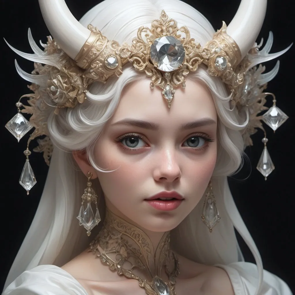 Prompt: prfm style, ((very cute very gorgeous, closeup a lovely fractal diamond horn embellished snow white cute beautiful body, super cute, symmetrical, soft lighting, trending on artstation, intricate details, highly detailed, unreal engine, by ross tran, wlop, artgerm and james jean, Brian Froud, art illustration by Miho Hirano, Neimy Kanani, oil on canvas by Aykut Aydoğdu, oil painting, heavy strokes, paint dripping, kids story book style, muted colors, watercolor style, perfect composition, beautiful detailed intricate insanely detailed octane render trending on artstation, 8 k artistic photography, photorealistic concept art, soft natural volumetric cinematic perfect light, chiaroscuro, award - winning photograph, masterpiece, oil on canvas, raphael, caravaggio, greg rutkowski, beeple, beksinski, giger, trending on artstation, sharp focus, studio photo, intricate details, highly detailed, by greg rutkowski, trending on artstation, sharp focus, studio photo, intricate details, highly detailed, by greg rutkowski, trending on artstation, sharp focus, studio photo, intricate details, highly detailed, by greg rutkowski