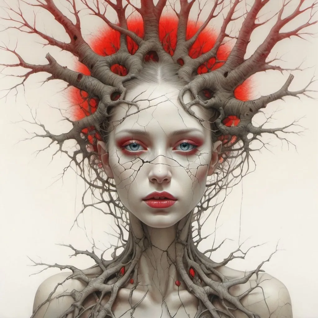 Prompt: neon And Pencil Drawing Of A Intensely Beautiful Girl With Cracked Porcelain Skin With interloker in Tree Roots For Hair In The Style Of Zdzislaw Beksinski,of fear, Inspired By Ray Caesar, Trending On Cg Society, With A Red Halo Over Her Head, Amano And Karol Bak, Wearing A Bejeweled Mask, surreal hallucinatory intricately detailed sharp focus""
