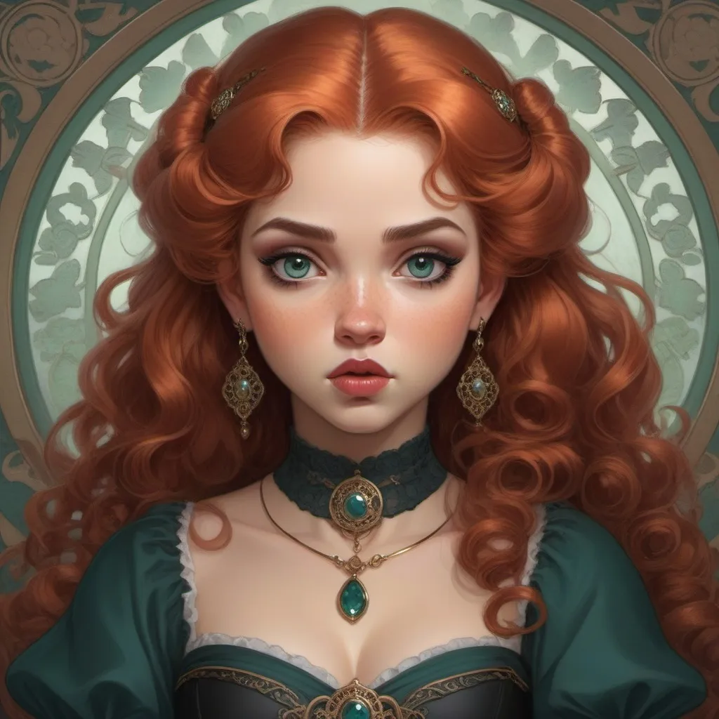 Prompt: a modern gothic lolita version of Princess Merida, face, fantasy, intricate, elegant, highly detailed, digital painting, artstation, concept art, smooth, sharp focus, illustration, art by Gerald Brom and Jasmine Becket-Griffith and Fernanda Suarez and alphonse mucha