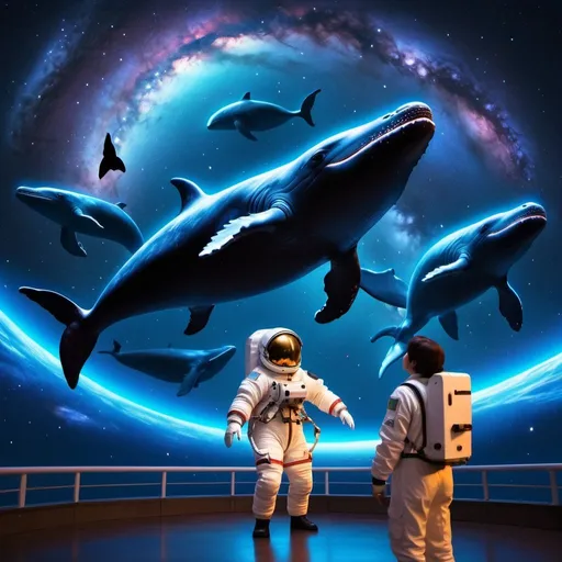 Prompt: An Astronaut in space playing with 2 whales,  milkyway galaxy in background, night , neon lights, happy, Studio Ghibli, telephoto, hyper realistic, photo realistic