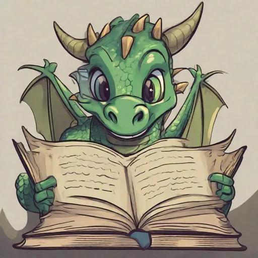 Prompt: a friendly dragon reading a book, Mysterious