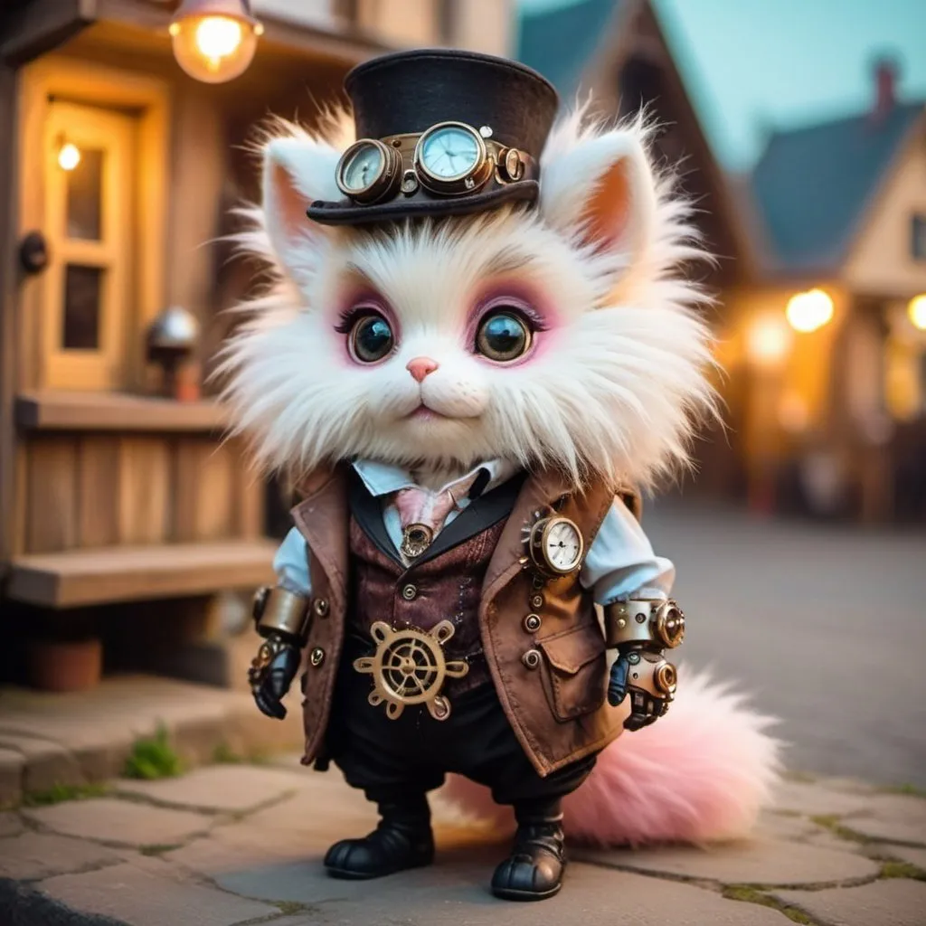 Prompt: very cute little furry creature with fur, as a steampunk in pastel colors in a cozy  village, evening lights