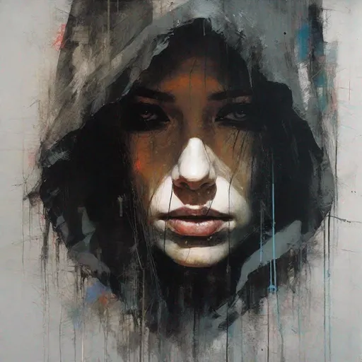 Prompt: portrait of a hooded beautiful women, mysterious, glitch effects over the eyes, crying, by Guy Denning, by Johannes Itten, by Russ Mills, innocent, hacking effects, cyberpunk, oil on canvas, concept art, abstract