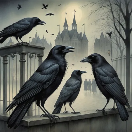 Prompt: illustration by Angela Barrett, crows, ominous, carnival atmosphere, moody, gothic fantasy aesthetic ominous, highest quality, taschen