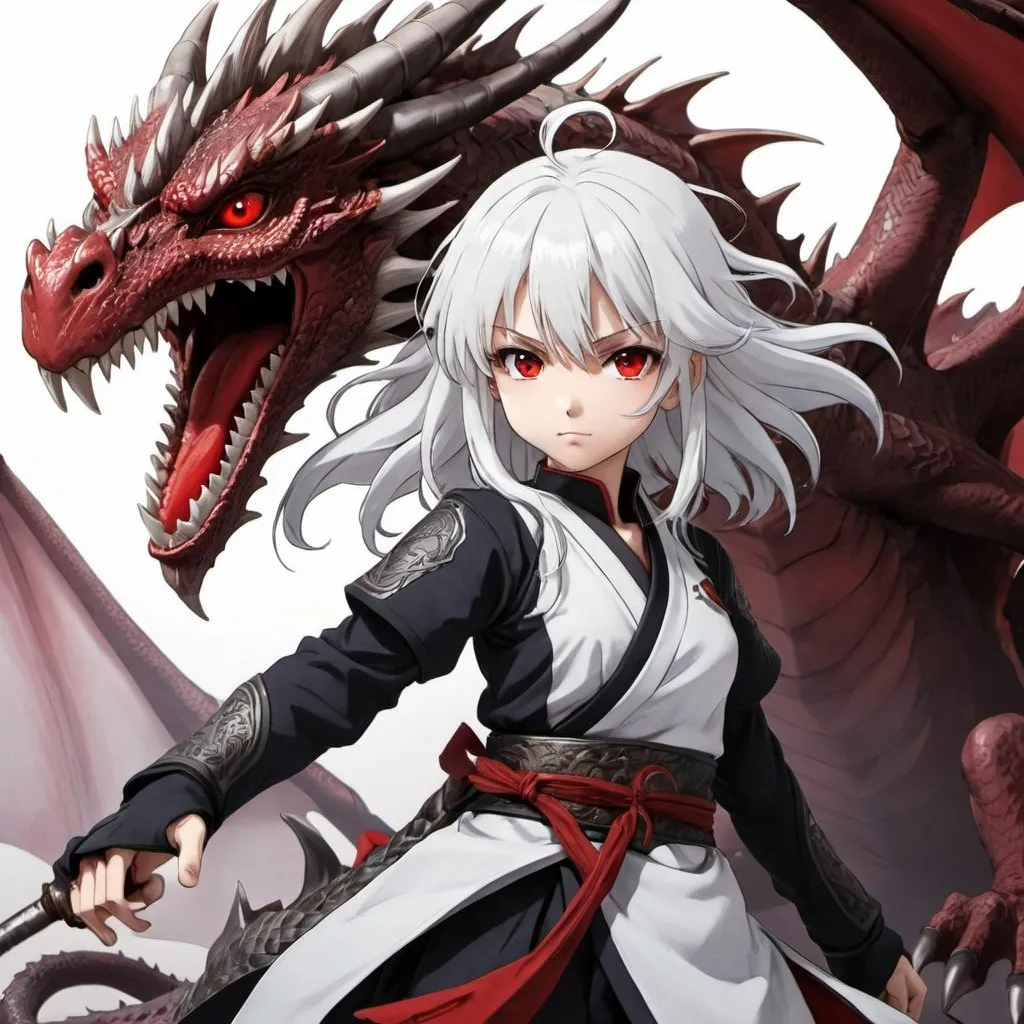 Prompt: A young girl with white hair and red eyes anime fight dragon