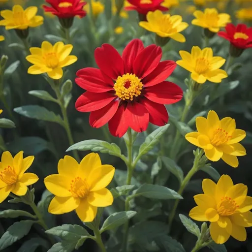 Prompt: one red flower among a bunch of yellow flowers, realistic, artistic, vibrant