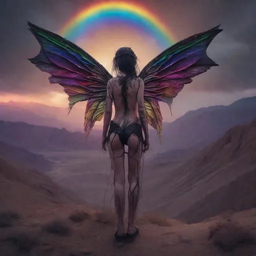 Prompt: dark demonic fairy rainbow wings death valley dark cinematic view realistic lighting detailed line work