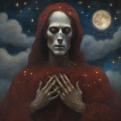 Prompt: romantic dark fantasy novel illustration of a Gothic ghost man stands under the stars and moon, anatomically correct hands, perfect hands, perfect faces, dreamy,by artist Gustav Klimt, by artist "Agostino Arrivabene". candy clouds, Stars by artist "Eileen Agar" , Royo, beautiful face, detailed eyes, red