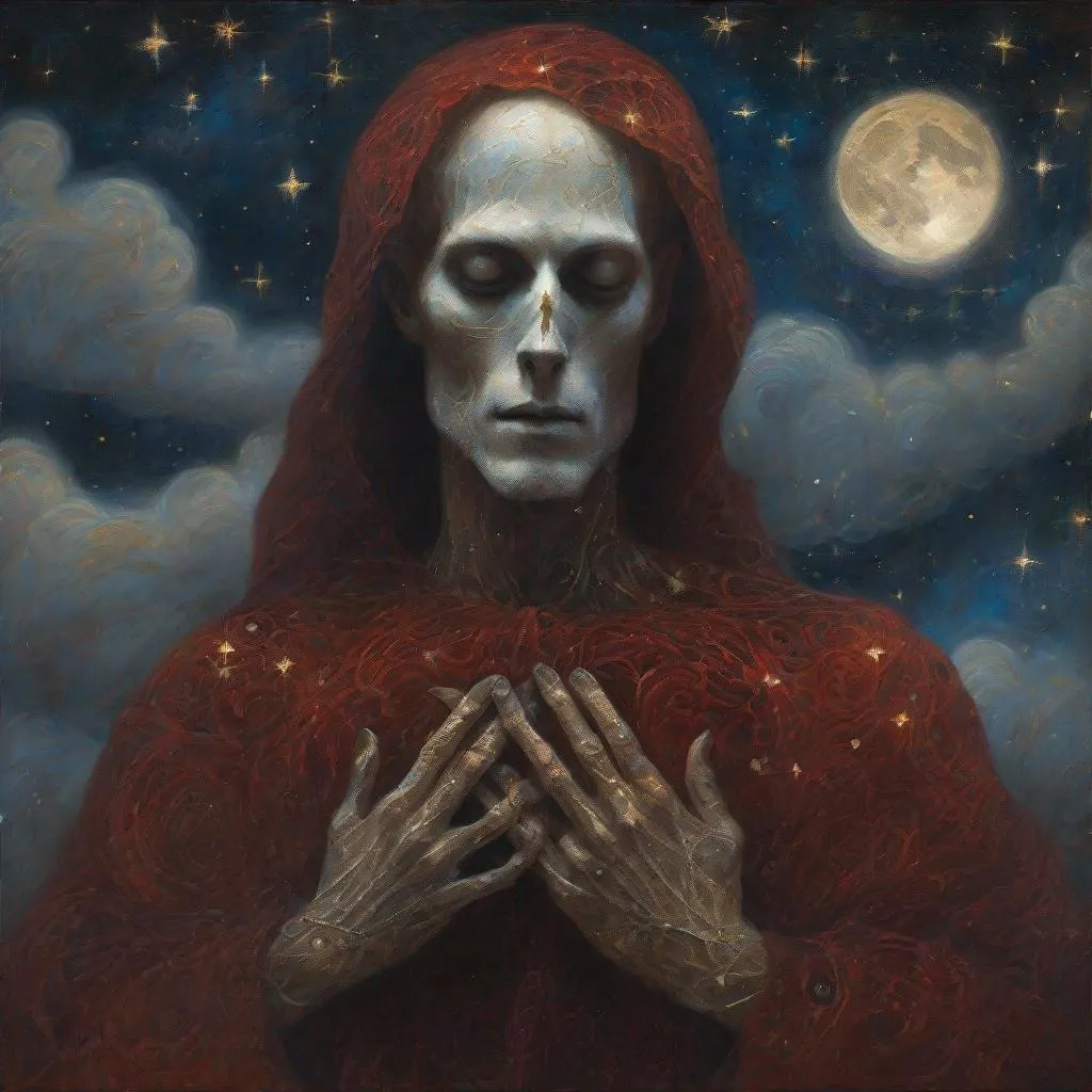 Prompt: romantic dark fantasy novel illustration of a Gothic ghost man stands under the stars and moon, anatomically correct hands, perfect hands, perfect faces, dreamy,by artist Gustav Klimt, by artist "Agostino Arrivabene". candy clouds, Stars by artist "Eileen Agar" , Royo, beautiful face, detailed eyes, red