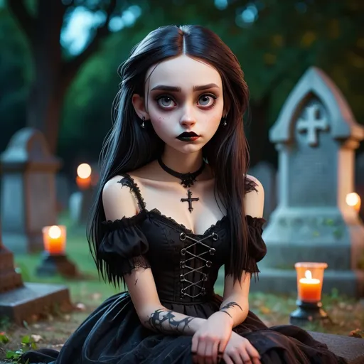 Prompt: a stunning young gothic girl sitting in the graveyard, hyper-realistic, photographic portrait, bokeh at night