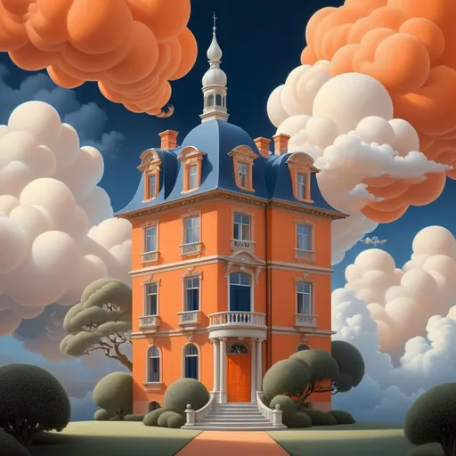 Prompt: Neutral color palette meets the enchanting world of Michiel Schrijver, Lifsches, and Catherina Abel figurative art. An airbrushed, baroque house in the clouds, blending orange, navy blue, and white in the sky, with intricate 3D shading, futuristic elements, and an ethereal atmosphere, 8k resolution, trending on Artstation.