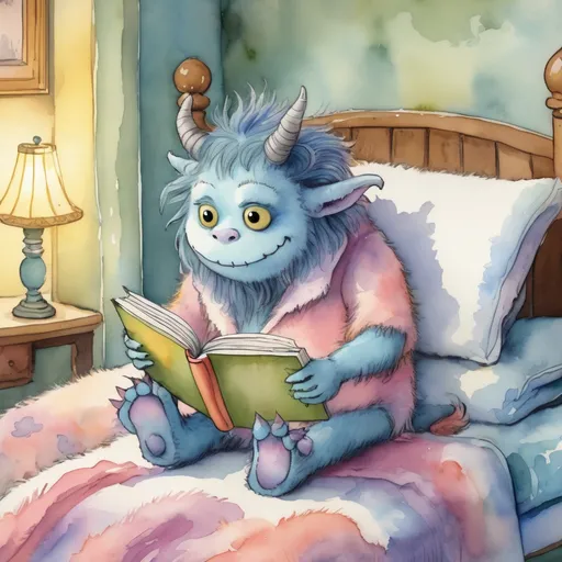 Prompt: an adorable fluffy monster in cute pajamas, engrossed in reading a fairytale book in bed. Set in soft pastel watercolor, the scene exudes a whimsical storybook charm reminiscent of Maurice Sendak's iconic artistry. 