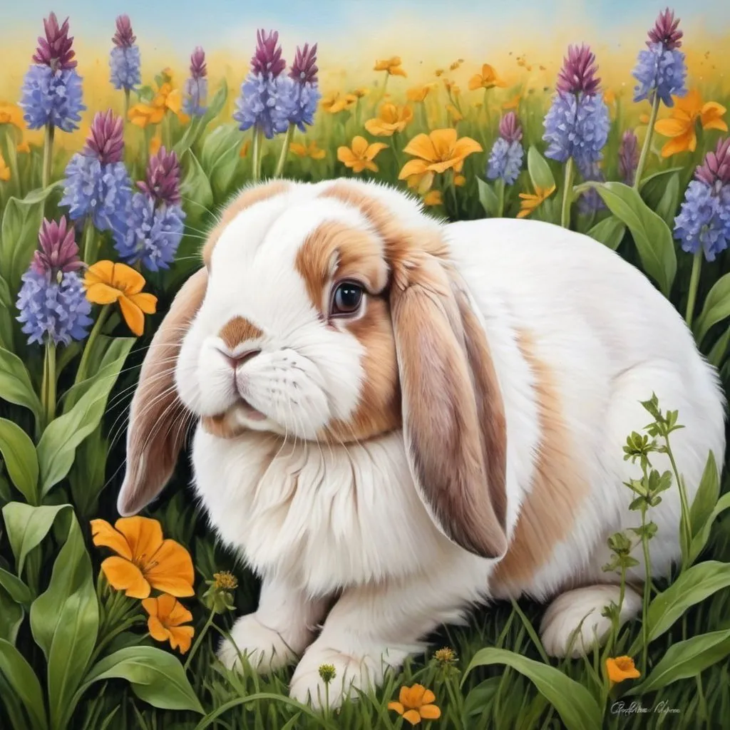 Prompt: Holland Lop rabbit in  wildflowers, realism, amazing colors, breathtaking