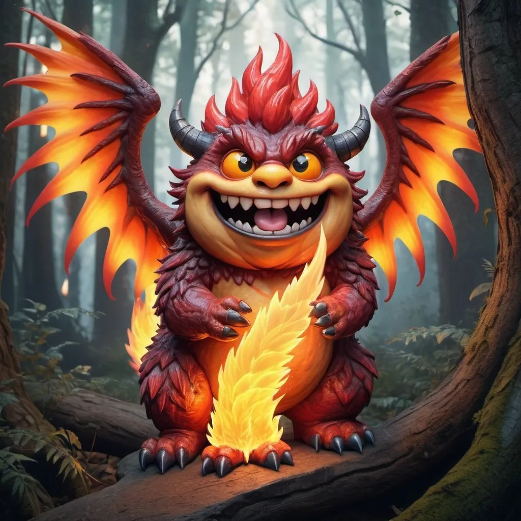 Prompt: Chubby little fire monster with wings and fluffy fur, its fire tail swirling, grinning from ear to ear in a delightful display of happiness, perched whimsically on the edge of an ancient enchanted forest, soft natural light accentuating its detailed features, ultra HD, realistic, vivid colors, highly detailed UHD drawing, pen and ink technique, perfect composition, intricate details, octane render, trending on ArtStation, 8K artistic photography