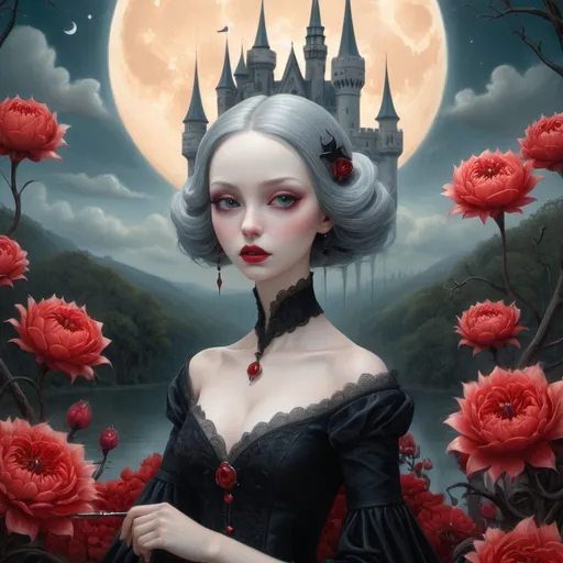 Prompt: gothic, surrealism, poster close-up, abstraction, detailed oil painting by mark todd, nicoletta ceccoli, ray caesar, vampire lady close-up on canvas, big moon, swirling red flowers, sparks, detailed sky with clouds, dramatic makeup, celestial lighting, shining aura, castle, forest, river, detailed sky, mystical, highly detailed, intricate pose, oil painting, thick brushstrokes, complex background, bright colors, masterpiece, high quality, clarity, anime style , ultra hd, realistic, vivid colors, highly detailed, UHD drawing, pen and ink, perfect composition, beautiful detailed intricate insanely detailed octane render trending on artstation, 8k artistic photography, photorealistic concept art, soft natural volumetric cinematic perfect light