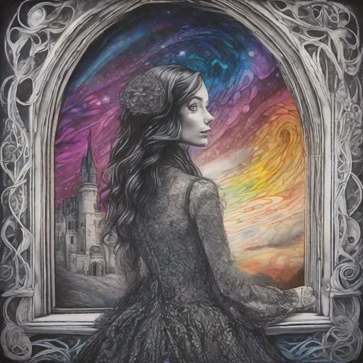 Prompt: a zentangle ferrotype portrait of In a gothic galaxy castle a vampire gazes through a window at the ethereal magic layers swirling in the vivid rainbow solar night in the style in the style of Rebeca Saray, Lin Fengmian, Anna dittmann, Justin Gaffrey, Michael Creese, Frank Cadogan Cowper, Yves Saint-Laurent, Thomas Edwin Mostyn, Hiro isono, James Wilson Morrice, Axel Scheffler, Gerhard Richter, pol Ledent. Encaustic paint and volumetric lighting. 