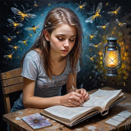 Prompt: Three-dimensional oil painting on a rough canvas in the complex technique of a palette knife and wide smears with elements of linework tattoo patterns. Hyperrealistic Portrait of a Charming Girl with Diary in hands and a Translucent Magical little Fireflies, Translucent little Fireflies fly out of the pages of the diary, Punk-styled Girl sitting on the floor and reading a diary, girl's room background, concept art in complex mixed media 16K