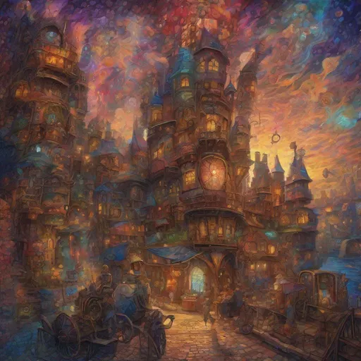 Prompt: Epic post-impressionist art, steampunk theme, bohemian brocade, masterpiece, extremely detailed, Vivid and Unnatural Colors, dynamic brushstrokes, intricate composition, fantasy, wide angle, luminous, colorful painting, UHD, digital illustration, cute and adorable, Arthurian fantasy, Pointillism